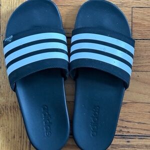 Adidas Black Slides with White Stripes